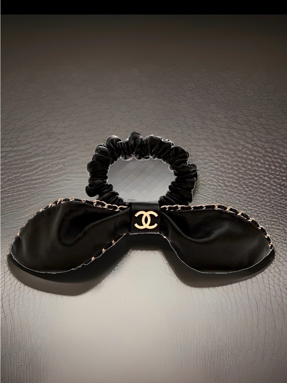 CHANEL Black Leather Bow Scrunchie with Gold CC Logo